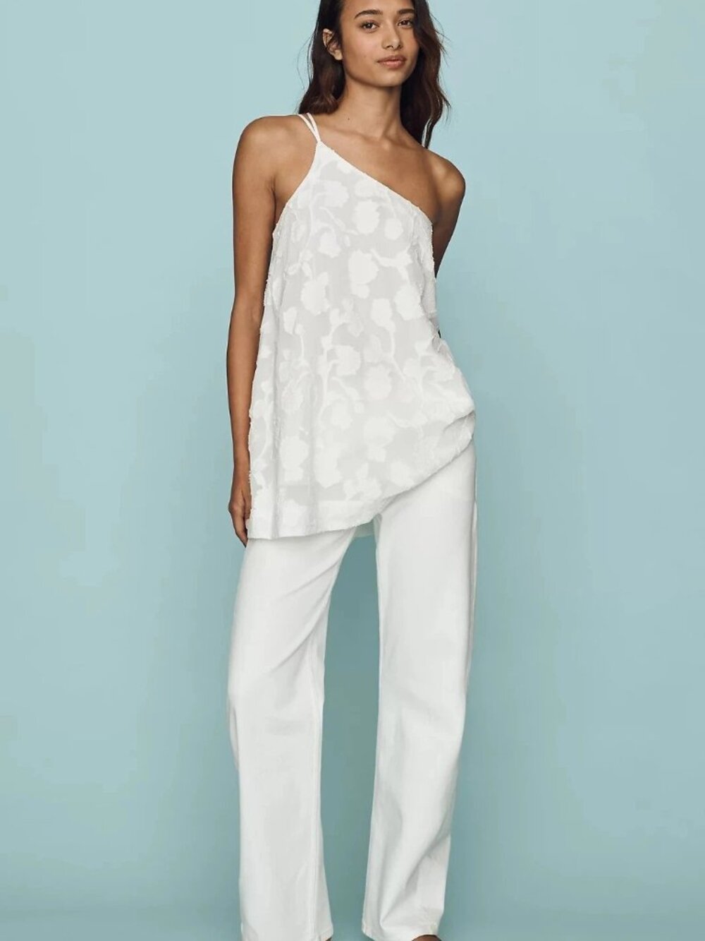 Anthropologie By Maeve One-Shoulder Floral Tunic Top Jacquard White M 290433